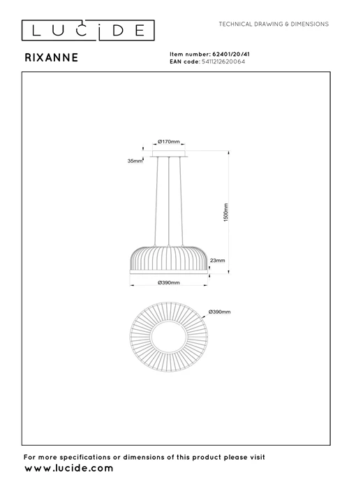 Lucide RIXANNE - Pendant light - Ø 40 cm- LED 3 StepDim - CCT - 1x22W 2200K/4000K - Taupe - Vibes - technical